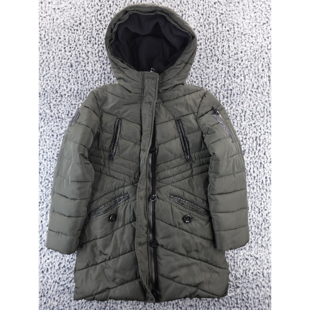 Diesel Girls Puffer Coat Olive Green Parka Hooded Faux Fur Trim Size 10